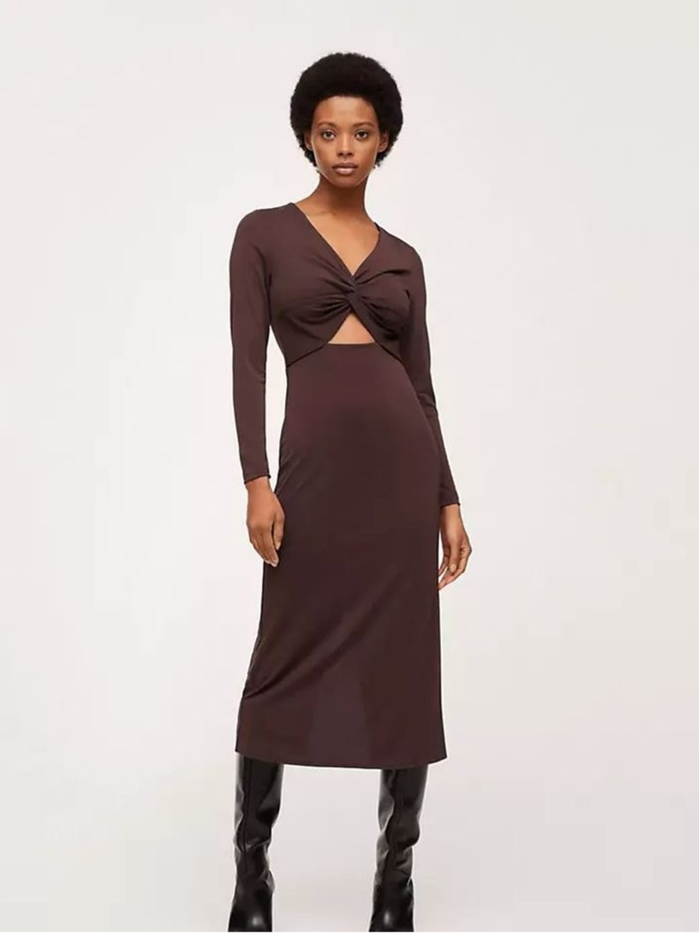 Mango Long Sleeve Twist Cutout Midi Dress in Brown